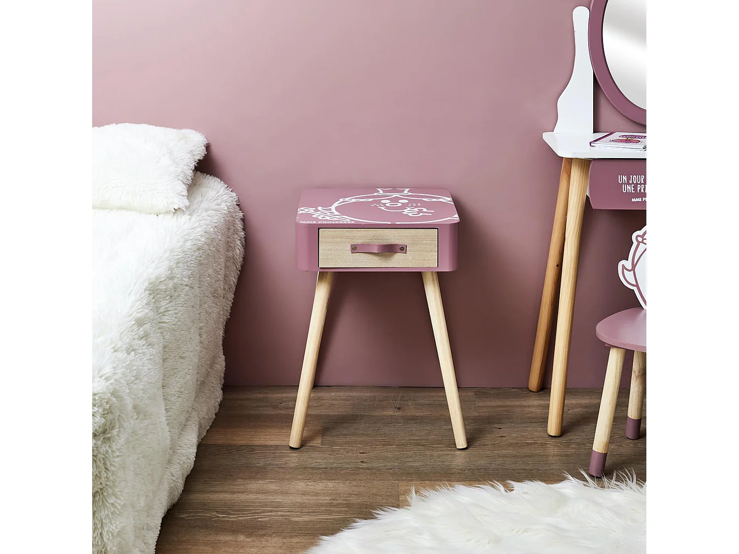 Table de chevet 1 tiroir en bois MONSIEUR MADAME série MME PRINCESSE rose