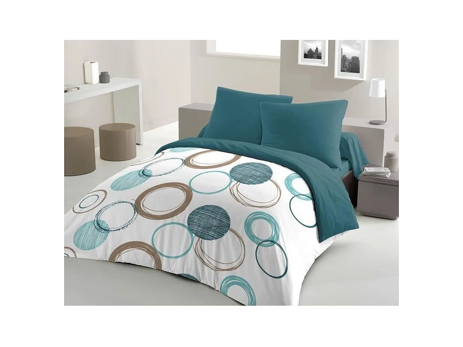 Parure de lit bleu canard 220 x 240 cm + 2 taies d'oreiller 63 x 63 cm