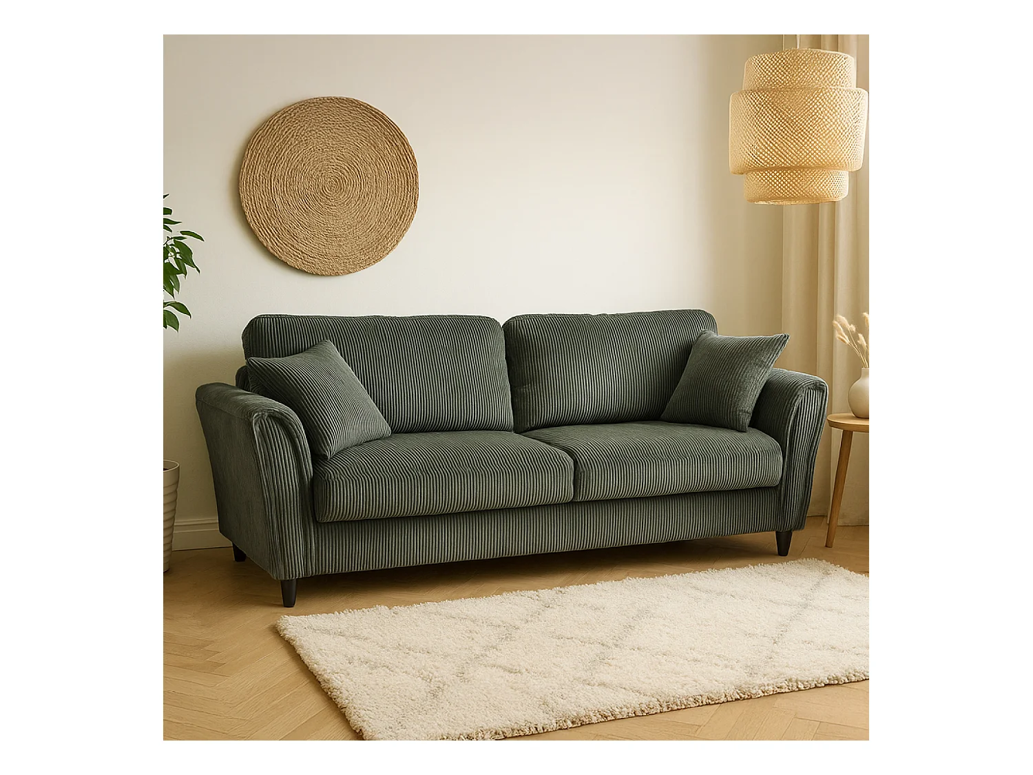 Canapé droit 4 places en velours côtelé vert LUCERNE