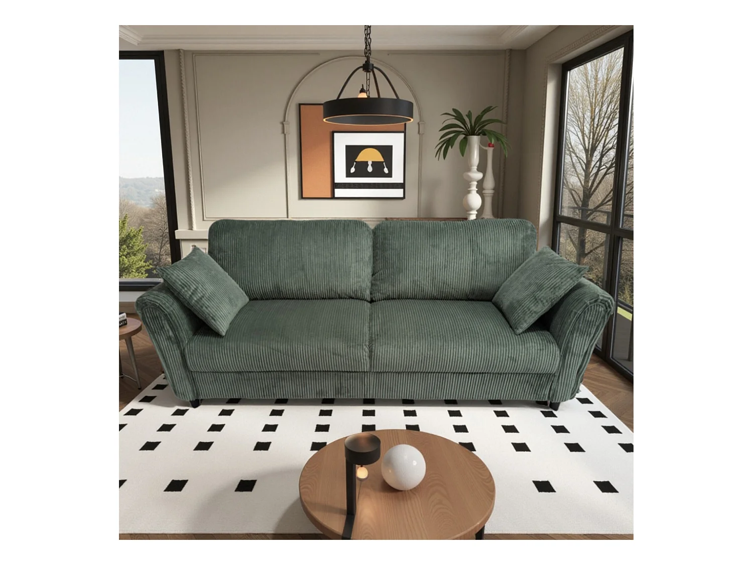 Canapé droit 4 places en velours côtelé vert LUCERNE