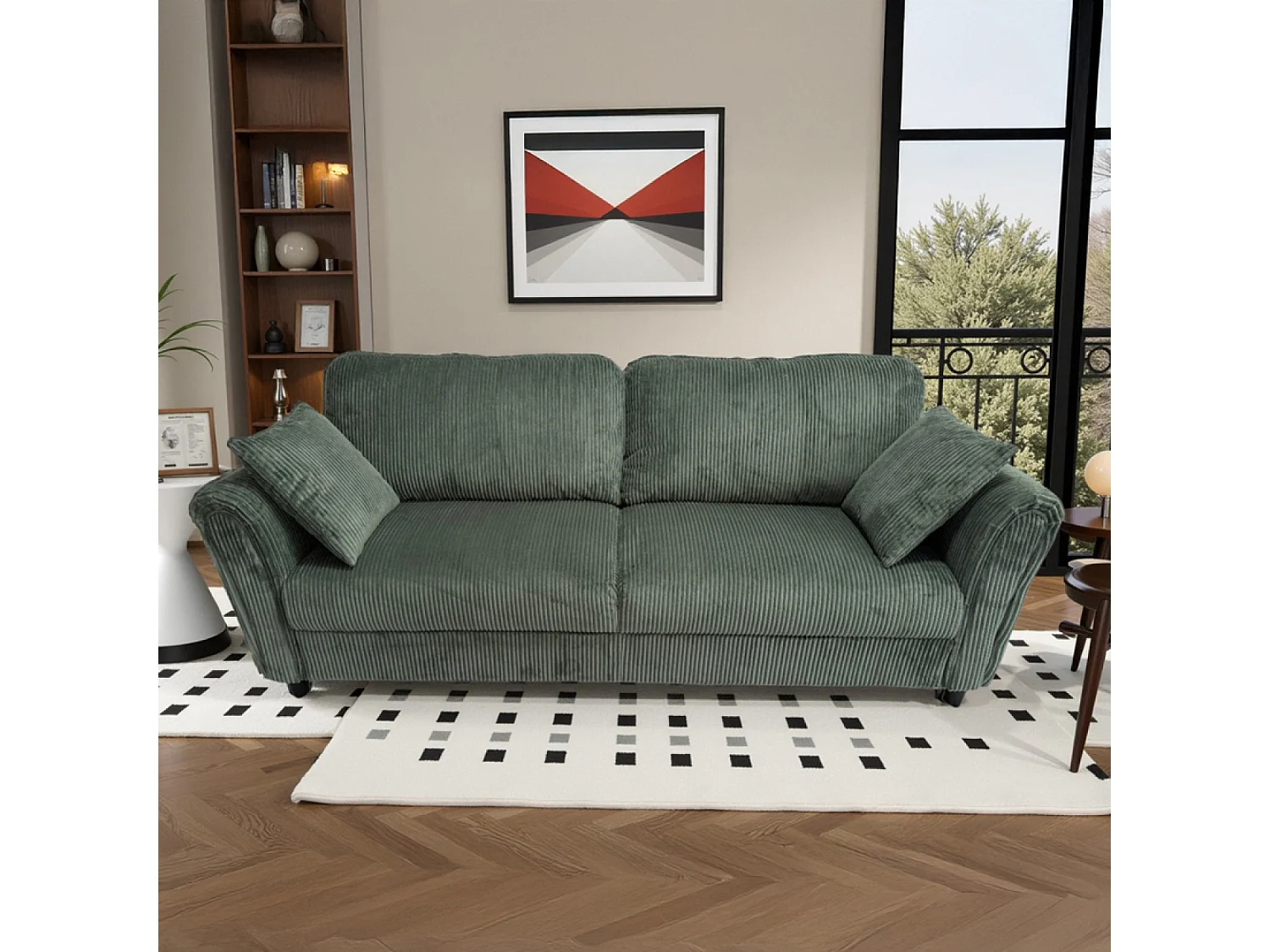 Canapé droit 4 places en velours côtelé vert LUCERNE