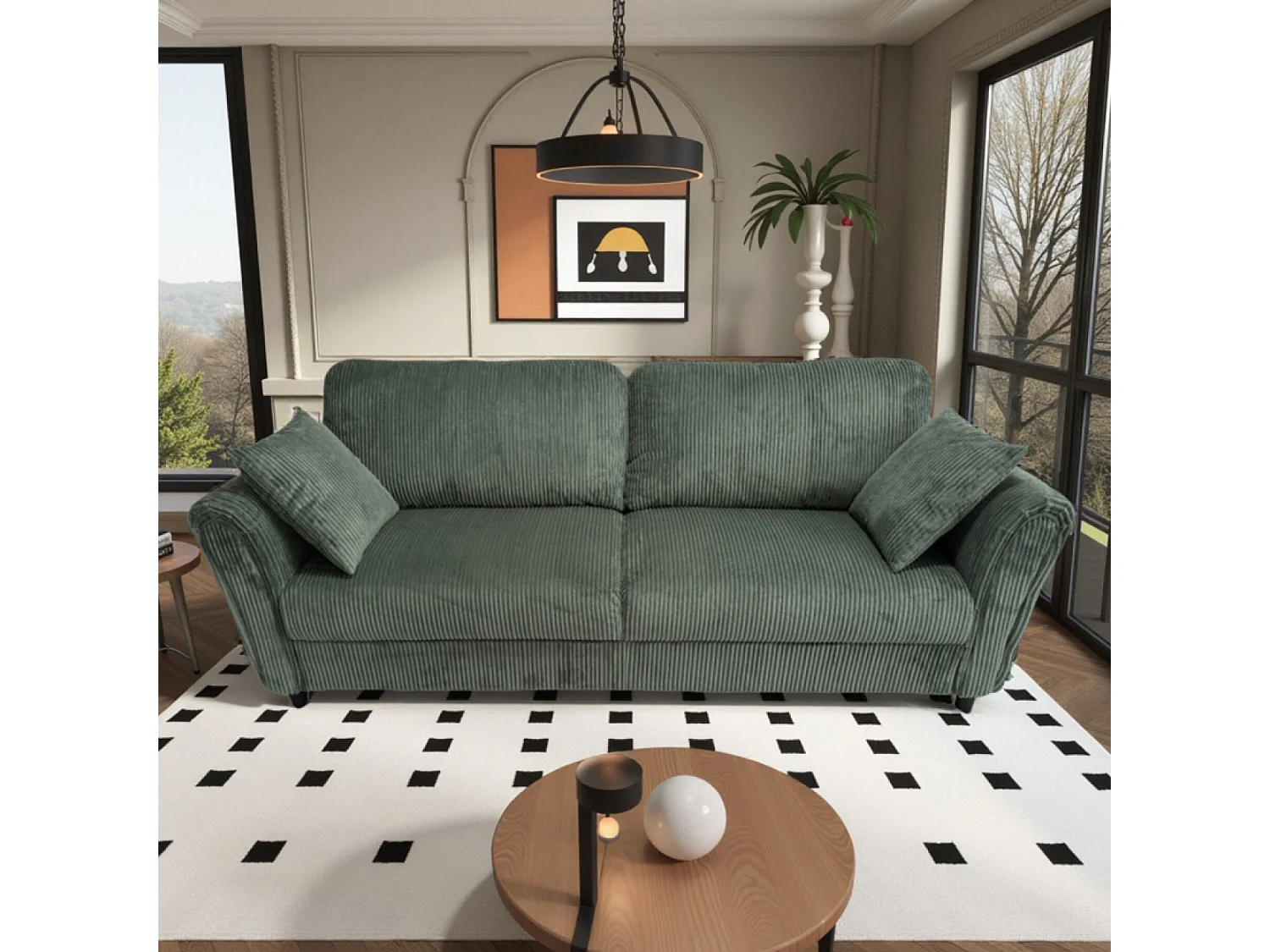 Canapé droit 4 places en velours côtelé vert LUCERNE
