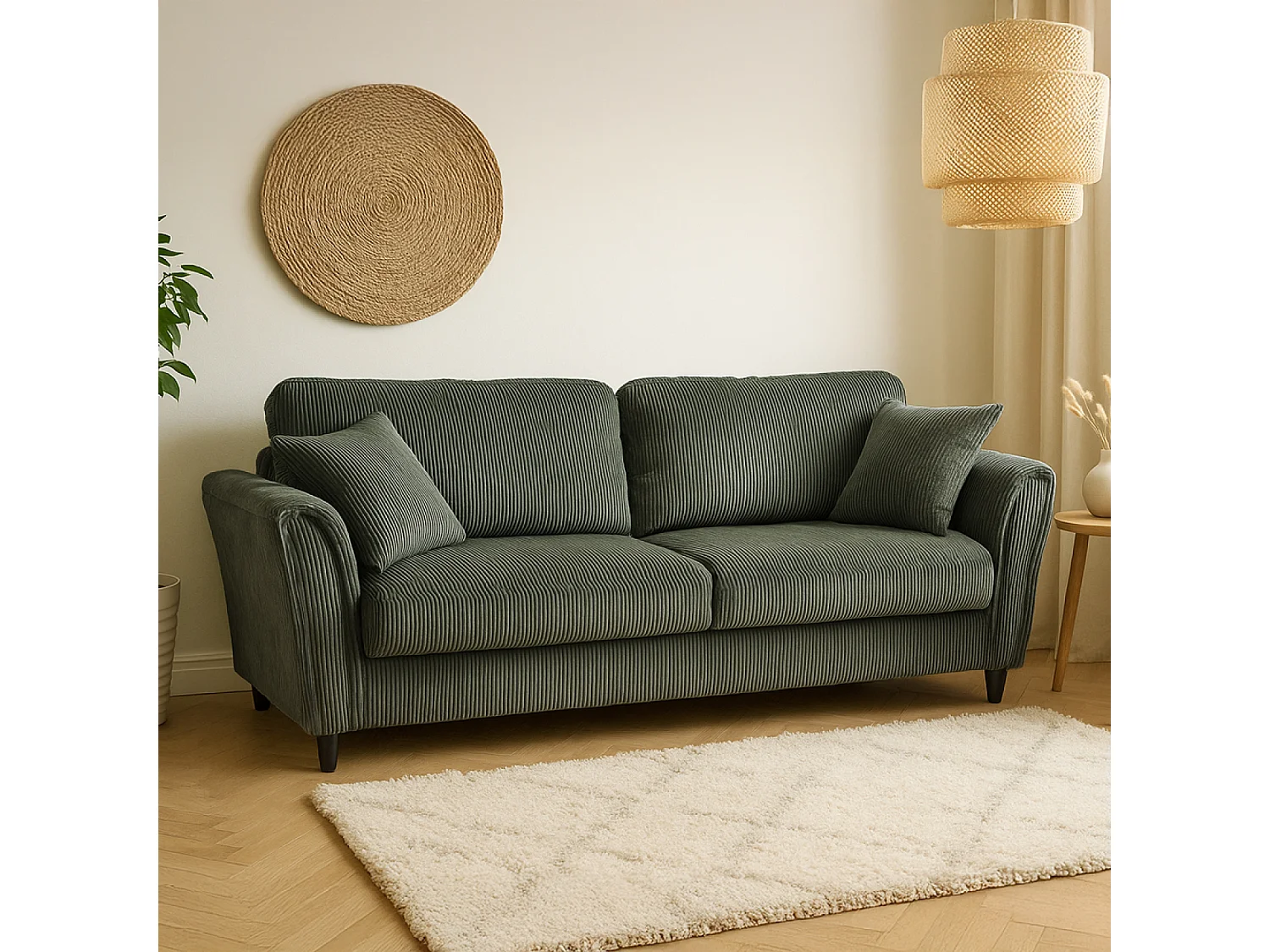 Canapé droit 4 places en velours côtelé vert LUCERNE