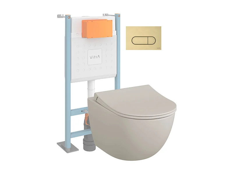 Pack WC suspendu VITRA Sento lin mat + bâti autoportant V-Fix Core + Plaque Round or brossé