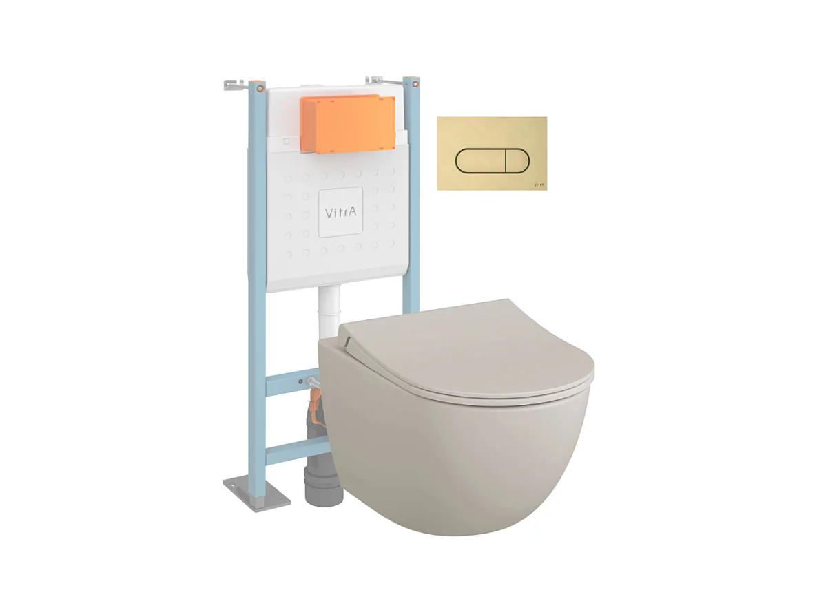 Pack WC suspendu VITRA Sento lin mat + bâti autoportant V-Fix Core + Plaque Round or brossé