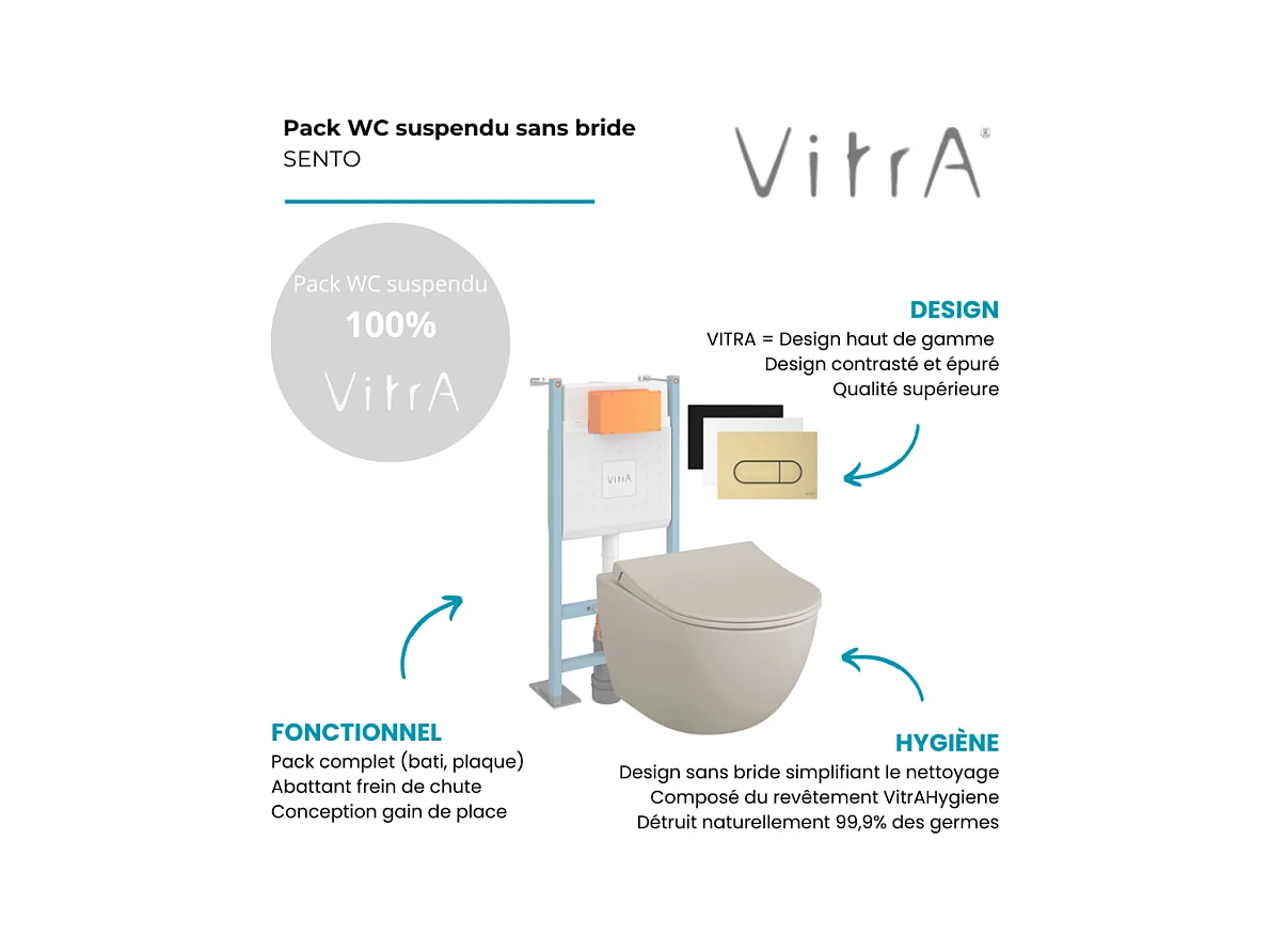 Pack WC suspendu VITRA Sento lin mat + bâti autoportant V-Fix Core + Plaque Round or brossé