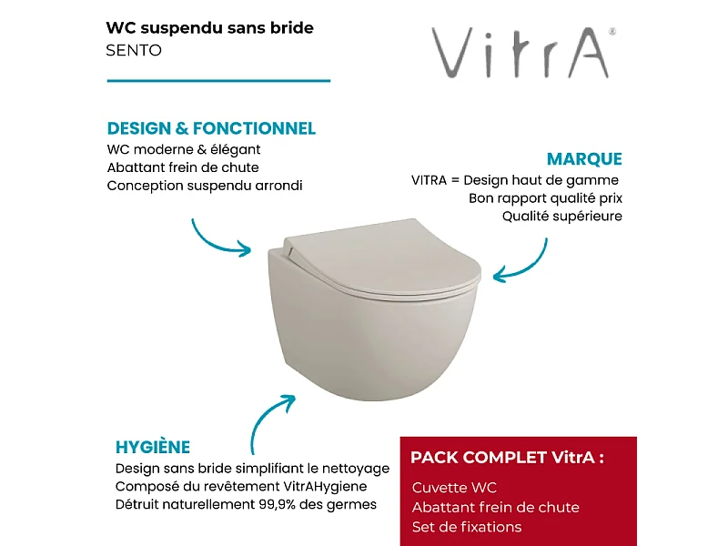 Cuvette WC suspendu sans bride VitrA Sento lin + abattant frein de chute déclipsable