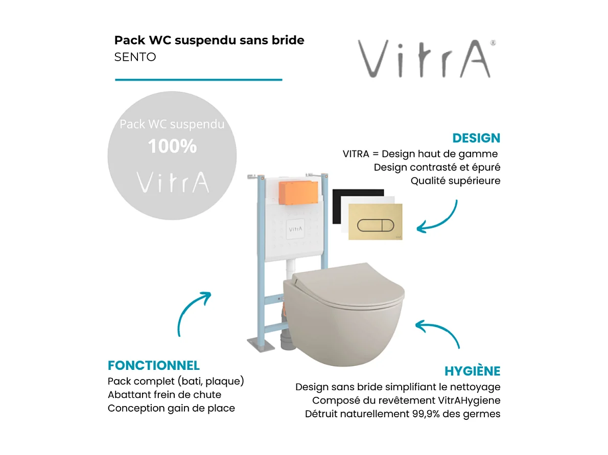 Pack WC suspendu VITRA Sento lin mat + bâti autoportant V-Fix Core + Plaque Round noir mat