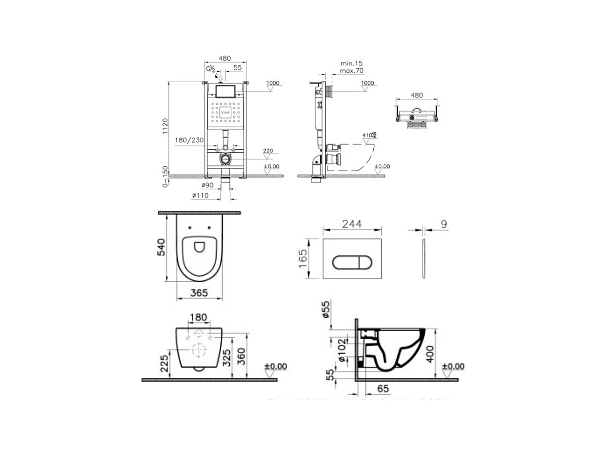 Pack WC suspendu VITRA Sento lin mat + bâti autoportant V-Fix Core + Plaque Round Blanche