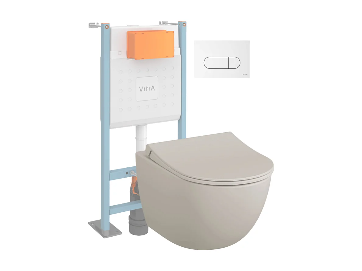 Pack WC suspendu VITRA Sento lin mat + bâti autoportant V-Fix Core + Plaque Round Blanche