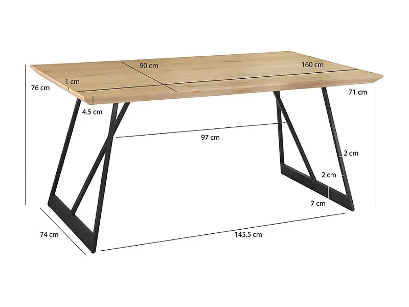Table de repas L. 160 cm décor chêne et pieds en métal noir - EVOLIA