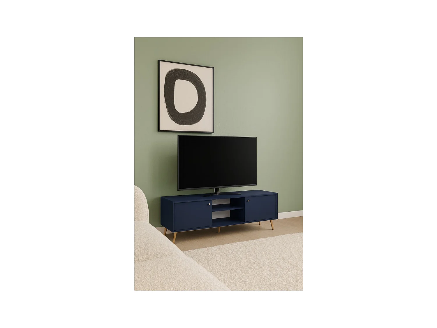 Mueble para TV diseño AZURÉA – 2 puertas & 2 nichos – Azul profundo – 156x55x41 cm