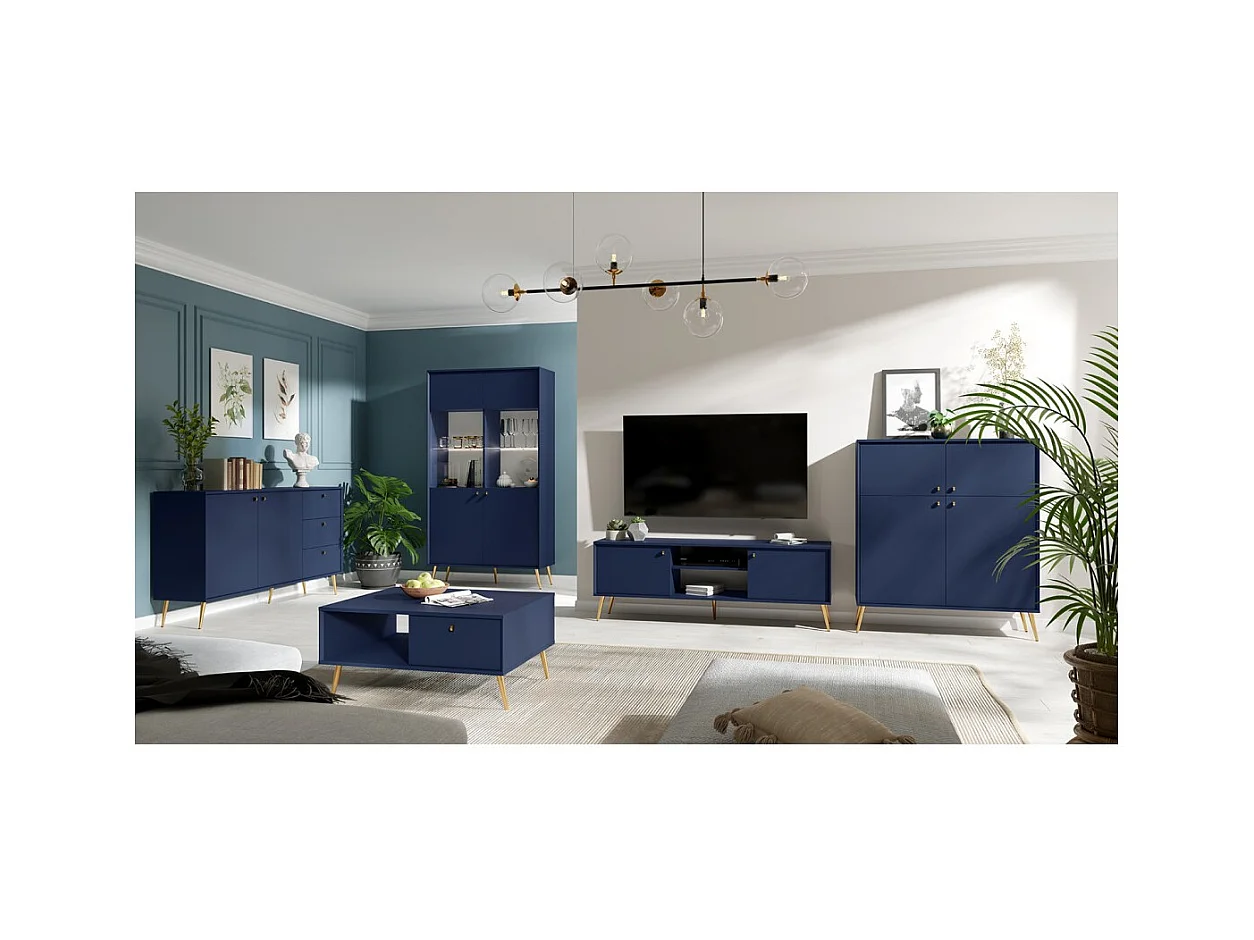 Mueble para TV diseño AZURÉA – 2 puertas & 2 nichos – Azul profundo – 156x55x41 cm