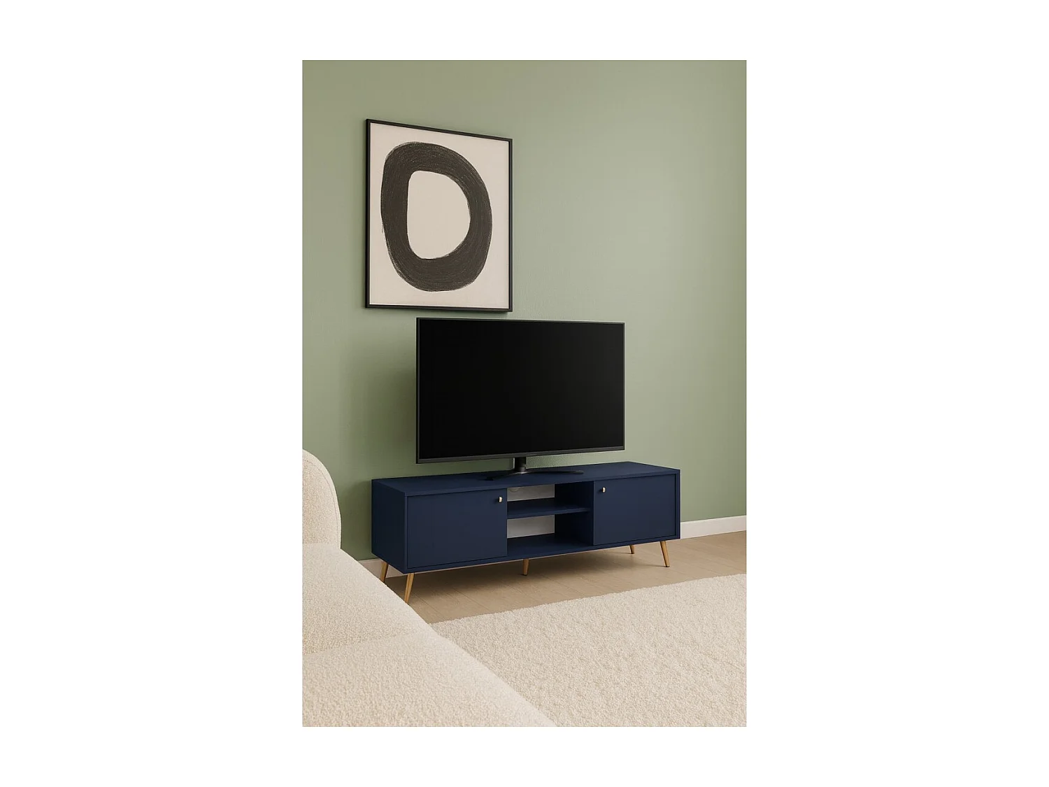 Meuble TV design AZURÉA – 2 portas & 2 nichos – Azul profundo – 156x55x41 cm