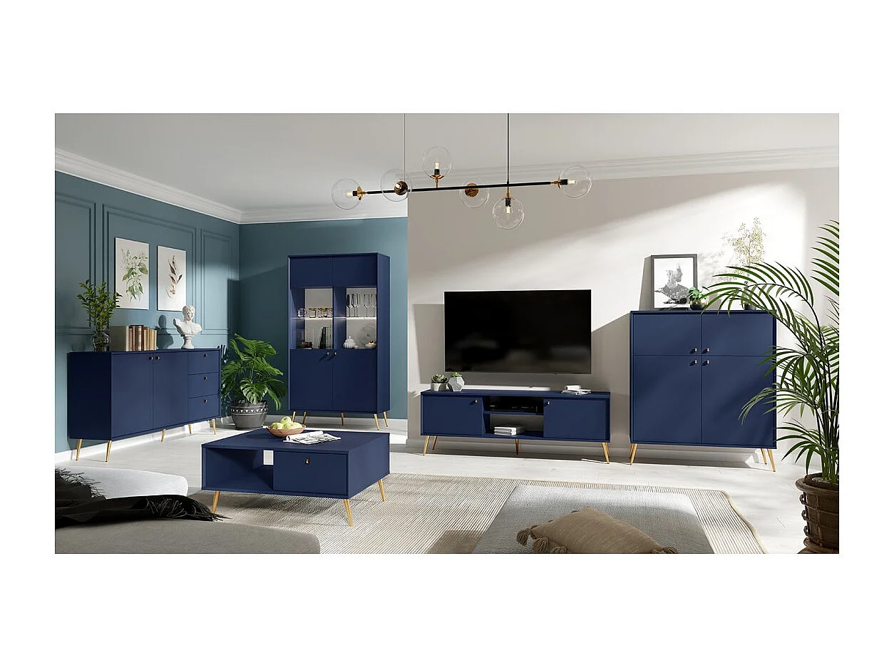 Meuble TV design AZURÉA – 2 portas & 2 nichos – Azul profundo – 156x55x41 cm
