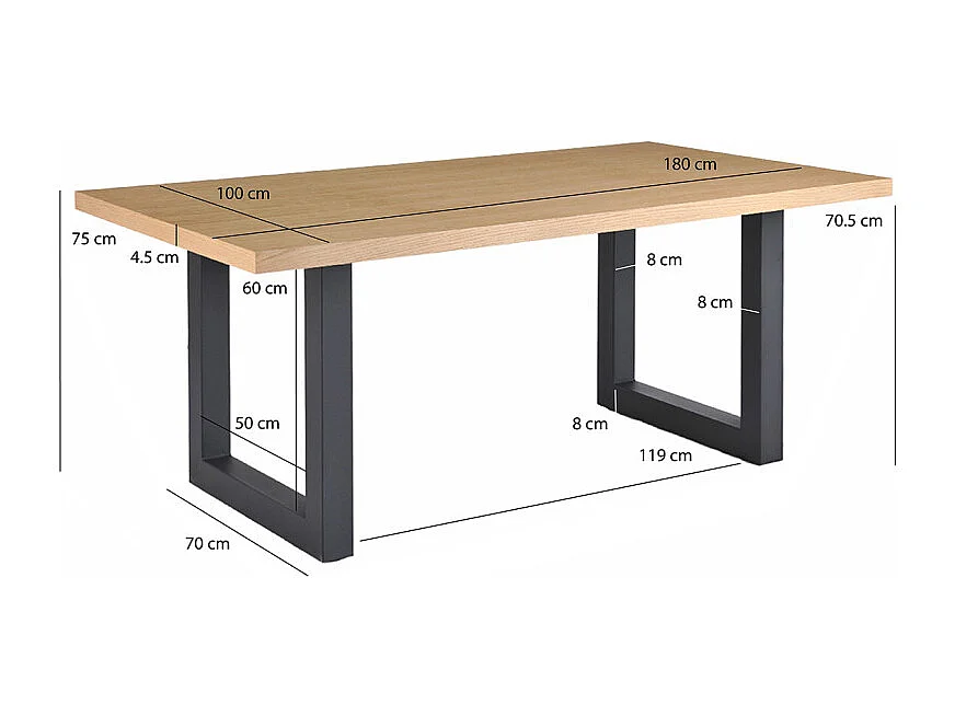 Table de repas L. 180 cm placage chêne et pieds en métal noir - NEXUS