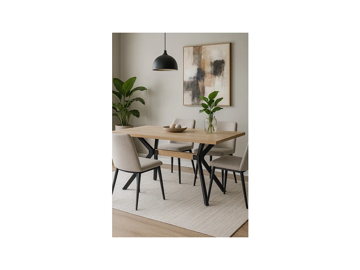 Table de repas L. 180 cm décor chêne et pieds en métal noir - LIGNA