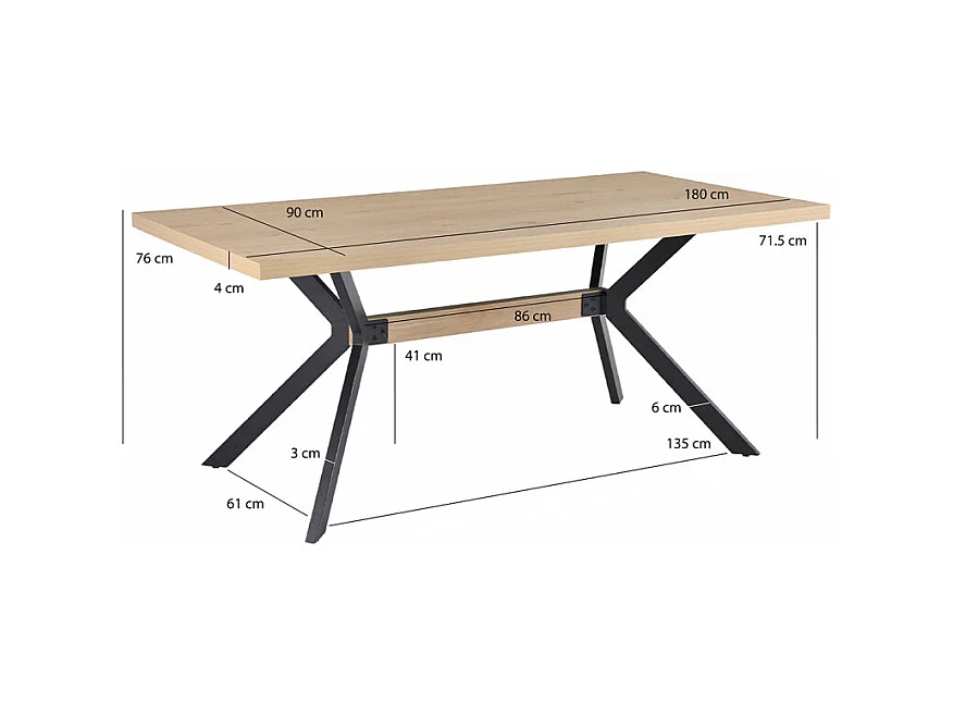 Table de repas L. 180 cm décor chêne et pieds en métal noir - LIGNA