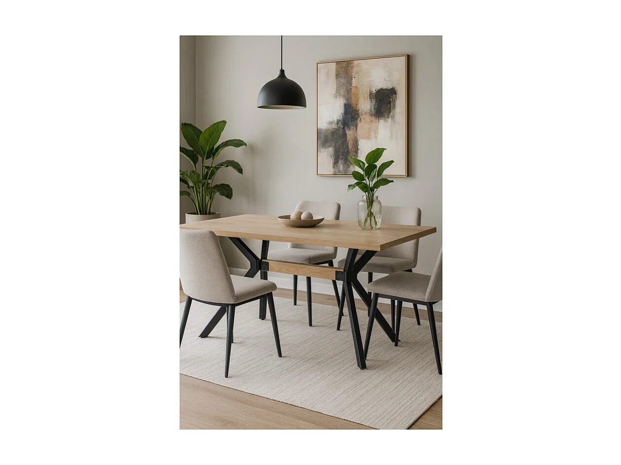 Table de repas L. 180 cm décor chêne et pieds en métal noir - LIGNA
