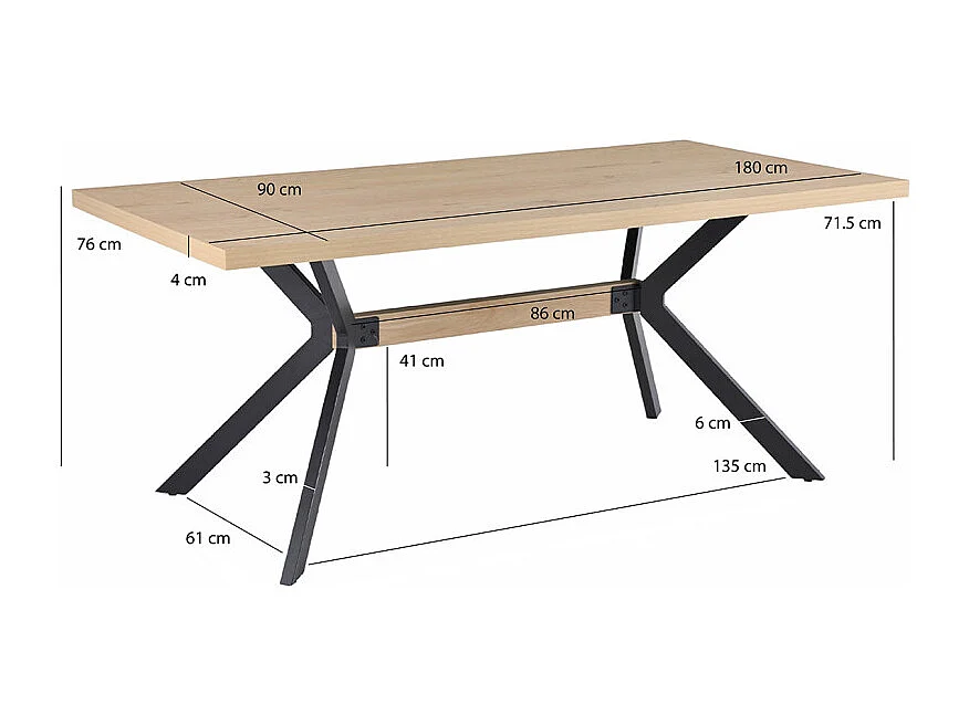 Table de repas L. 180 cm décor chêne et pieds en métal noir - LIGNA