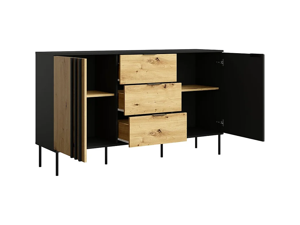 Conjunto de muebles de diseño IZO - Vitrina + Aparadores + Mesa de centro + Mueble para TV - Negro ónix & Roble claro