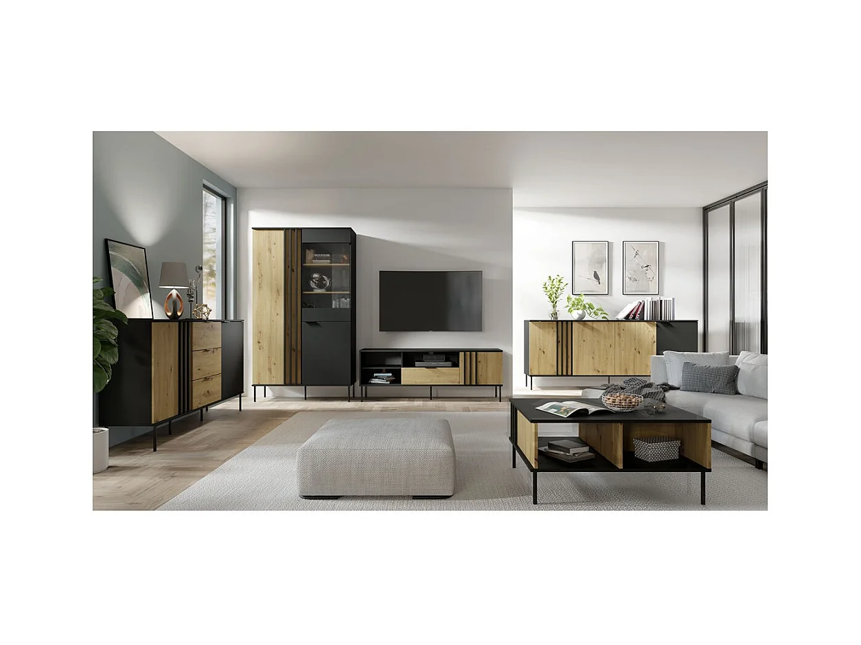 Ensemble de meubles design IZO – Vitrine + Buffets + Table basse + Meuble TV – Noir onyx & Chêne clair