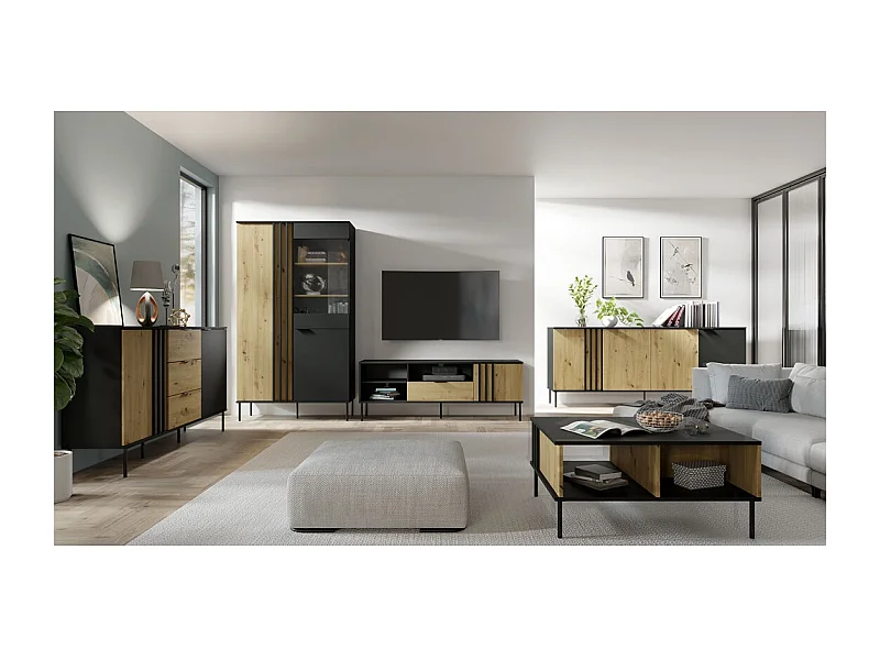 Conjunto de móveis design IZO – Vitrine + Buffets + Mesa de centro + Móvel para TV – Preto ônix & Carvalho claro
