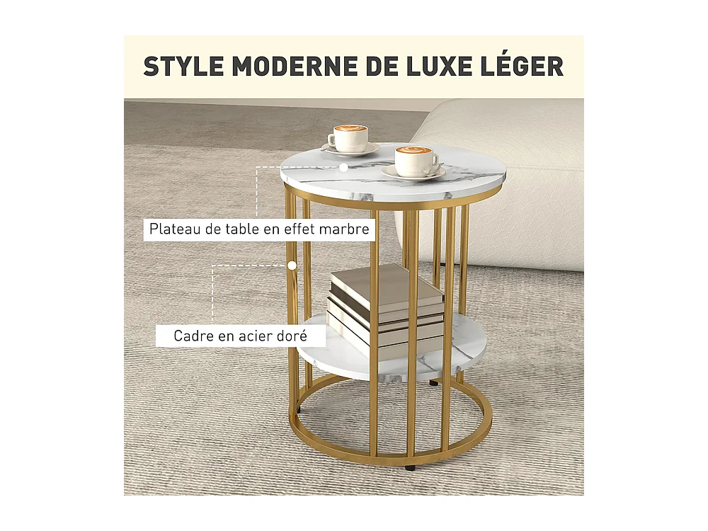 Ensemble de deux tables basses rondes, design marbré, avec étagères ouvertes et structure en acier doré.