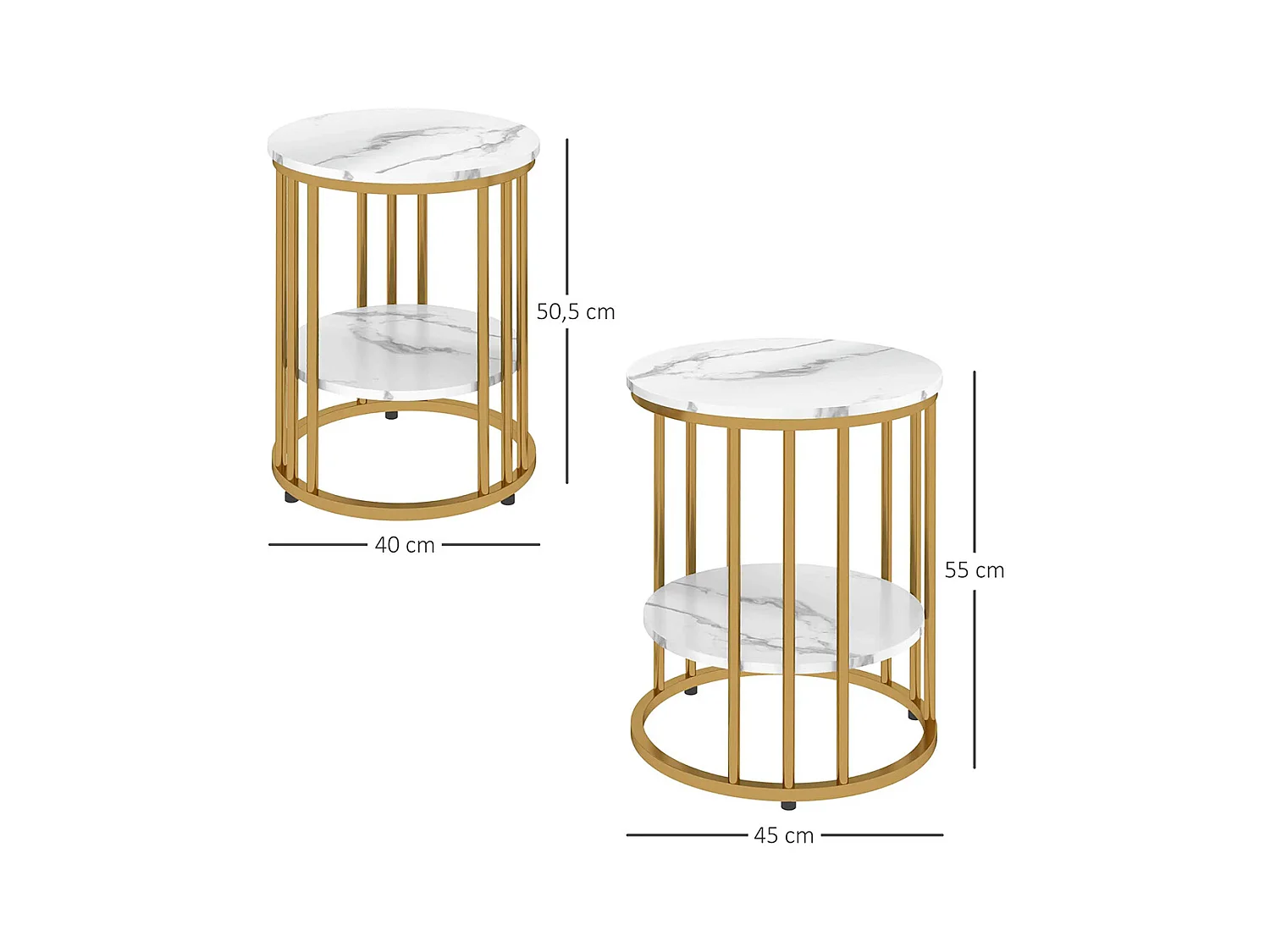 Ensemble de deux tables basses rondes, design marbré, avec étagères ouvertes et structure en acier doré.