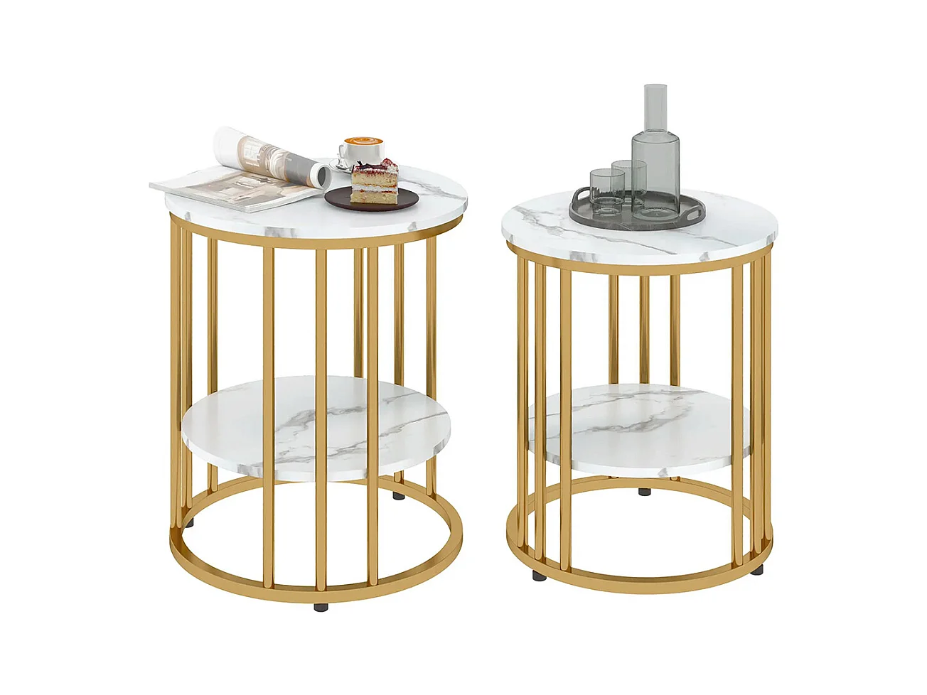 Ensemble de deux tables basses rondes, design marbré, avec étagères ouvertes et structure en acier doré.