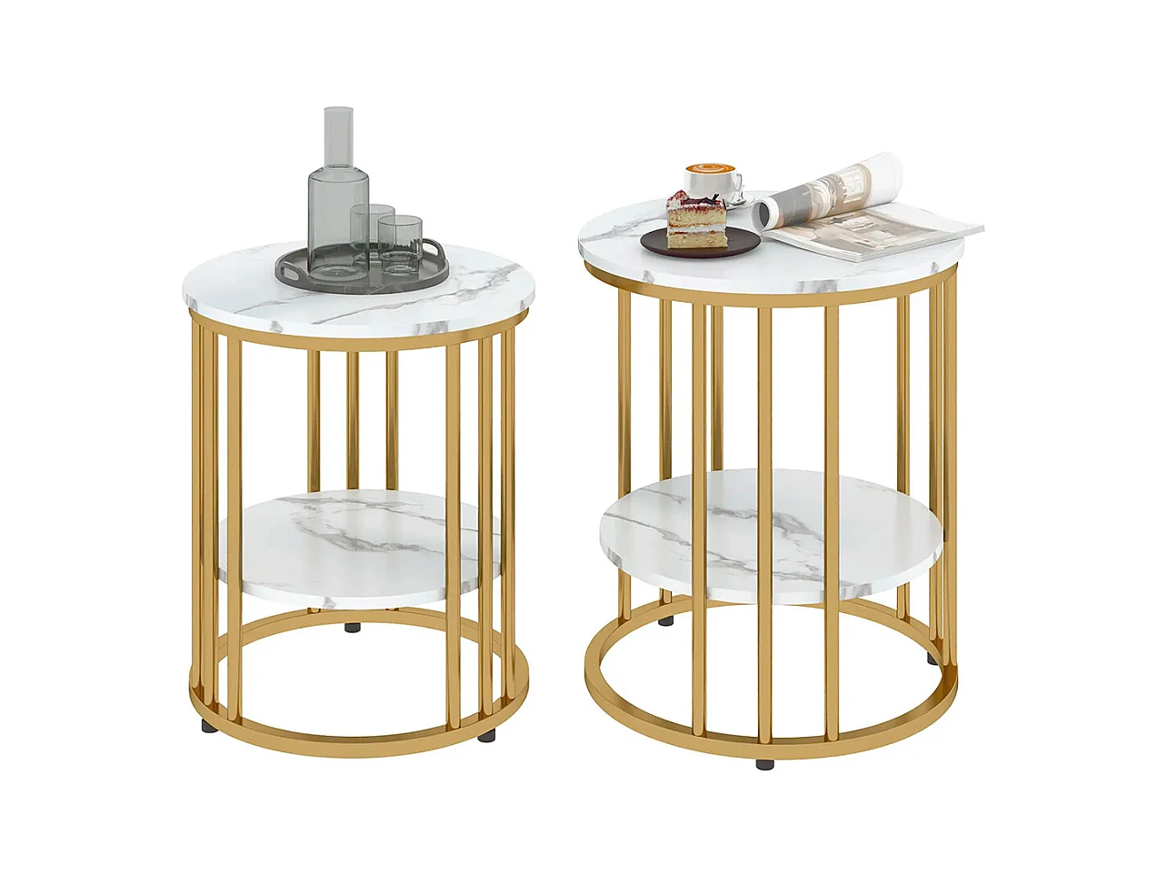 Ensemble de deux tables basses rondes, design marbré, avec étagères ouvertes et structure en acier doré.