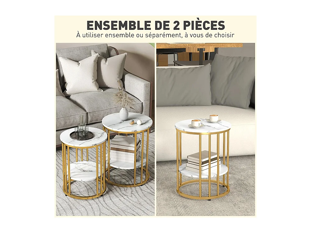 Ensemble de deux tables basses rondes, design marbré, avec étagères ouvertes et structure en acier doré.