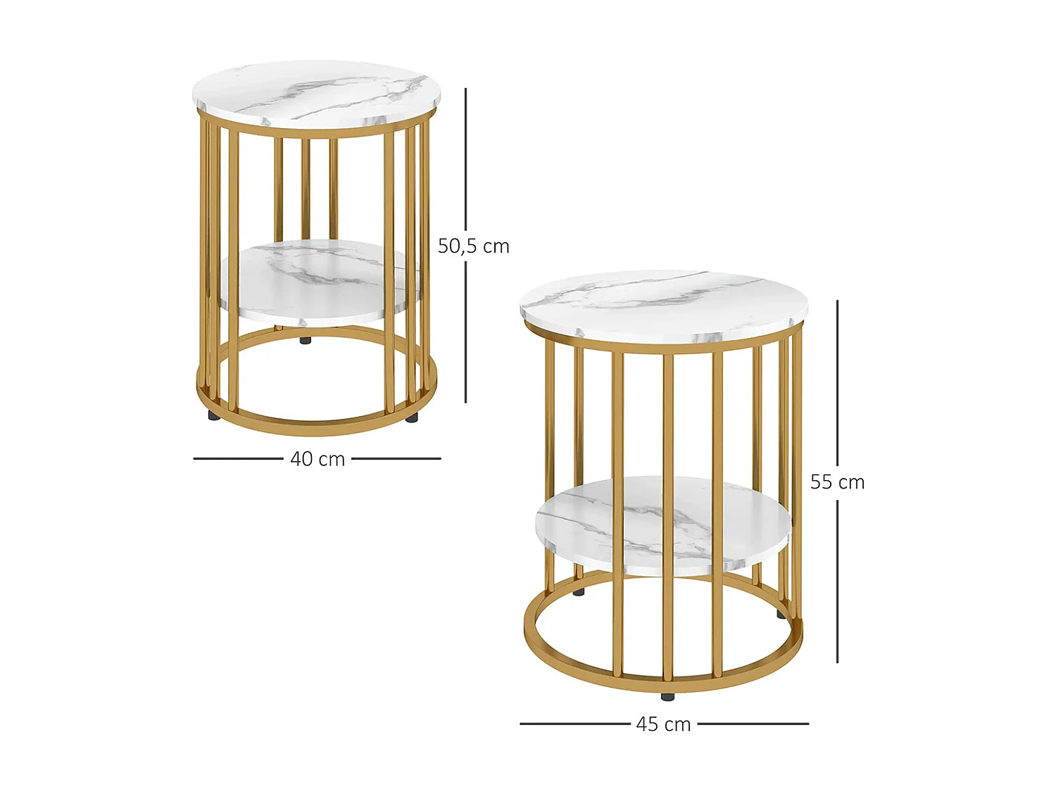 Ensemble de deux tables basses rondes, design marbré, avec étagères ouvertes et structure en acier doré.