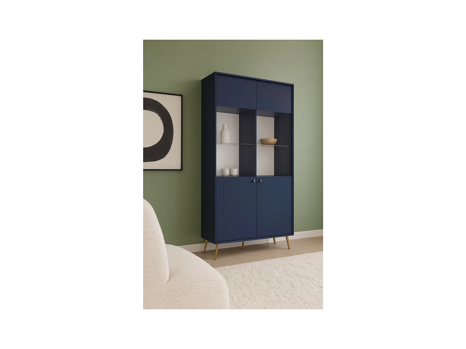 Vitrina de diseño AZURÉA – 2 puertas acristaladas LED – Azul profundo – 106x191x41 cm