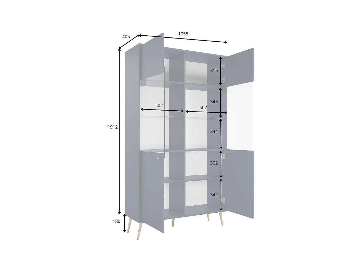Vitrina de diseño AZURÉA – 2 puertas acristaladas LED – Azul profundo – 106x191x41 cm