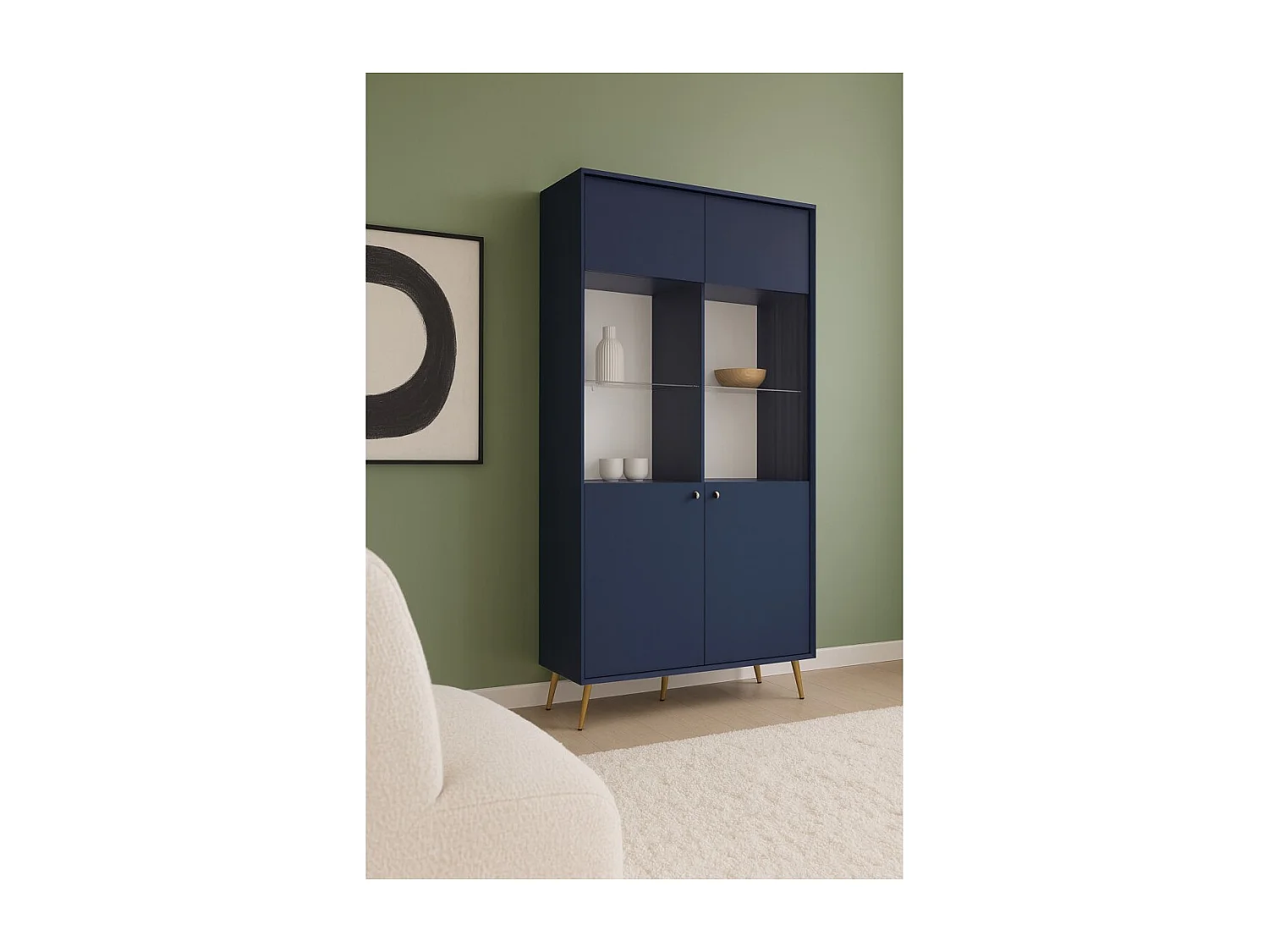 Vitrina de diseño AZURÉA – 2 puertas acristaladas LED – Azul profundo – 106x191x41 cm