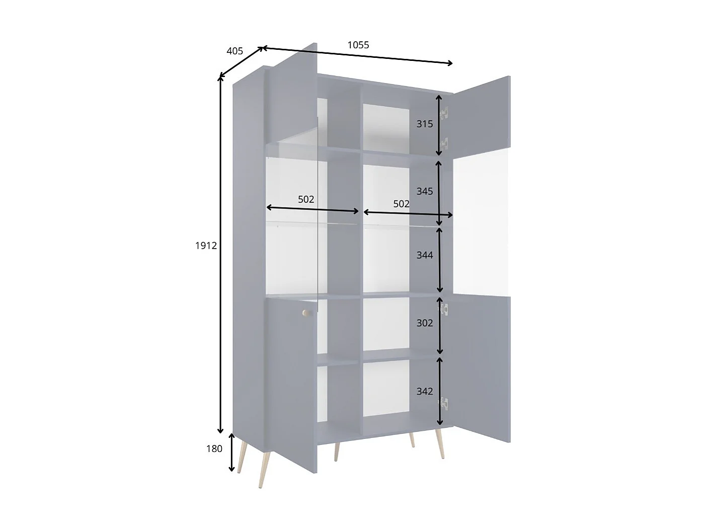 Vitrina de diseño AZURÉA – 2 puertas acristaladas LED – Azul profundo – 106x191x41 cm