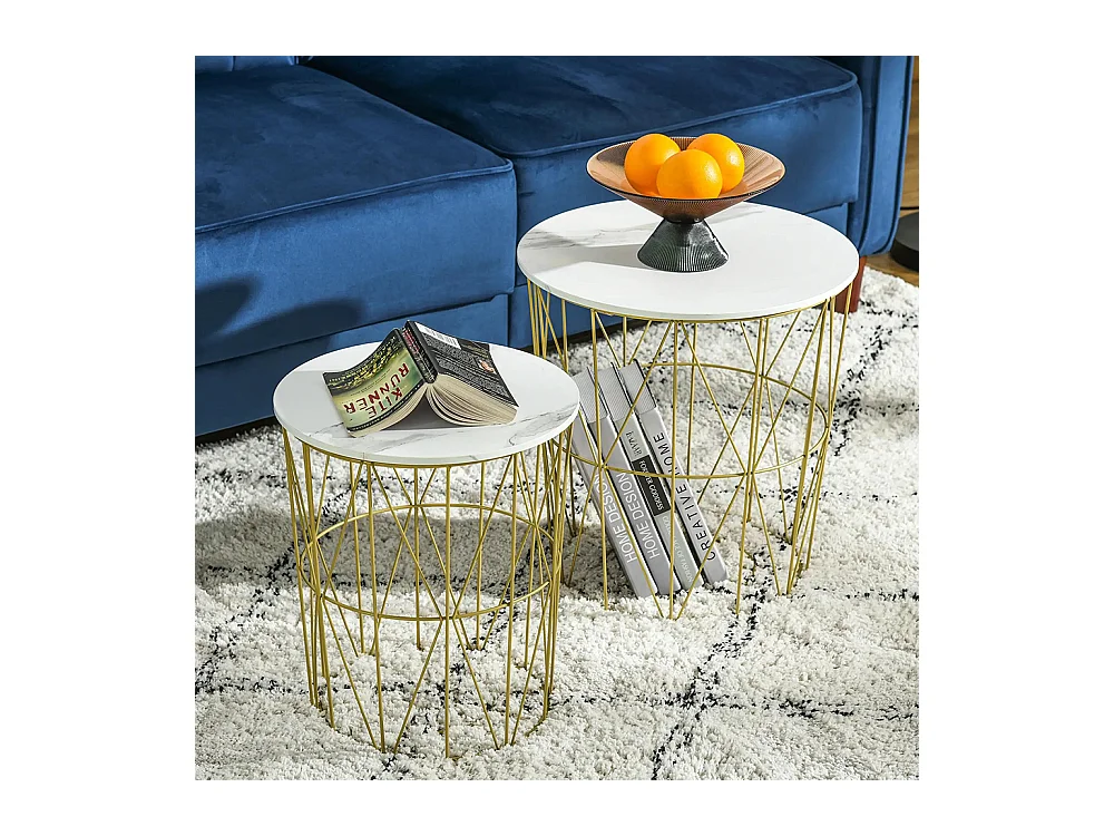 Lot de 2 Tables Basses gigognes - Tables d'appoint Rondes encastrables Style néo-rétro Bicolore Structure métal doré Plateau MDF Aspect marbre Blanc