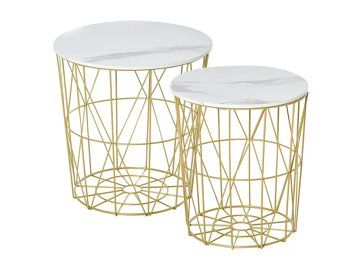 Lot de 2 Tables Basses gigognes - Tables d'appoint Rondes encastrables Style néo-rétro Bicolore Structure métal doré Plateau MDF Aspect marbre Blanc