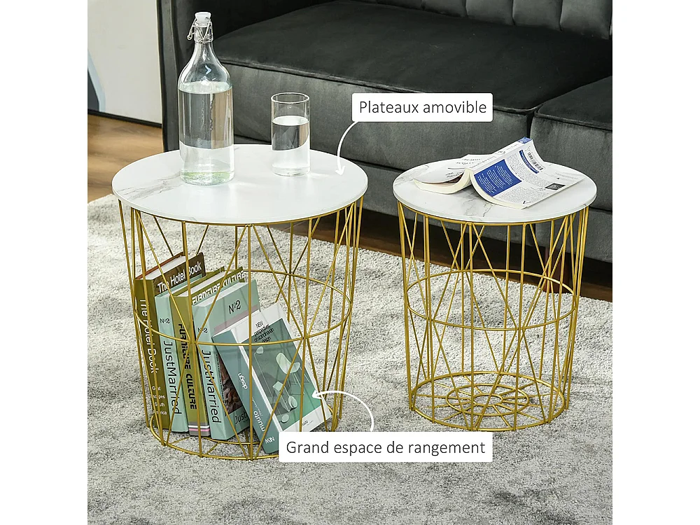 Lot de 2 Tables Basses gigognes - Tables d'appoint Rondes encastrables Style néo-rétro Bicolore Structure métal doré Plateau MDF Aspect marbre Blanc