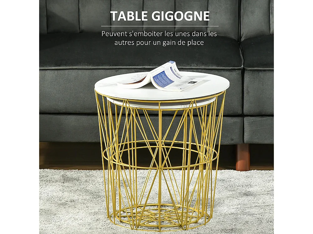 Lot de 2 Tables Basses gigognes - Tables d'appoint Rondes encastrables Style néo-rétro Bicolore Structure métal doré Plateau MDF Aspect marbre Blanc