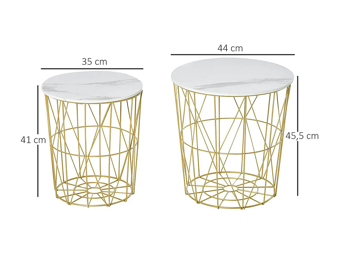 Lot de 2 Tables Basses gigognes - Tables d'appoint Rondes encastrables Style néo-rétro Bicolore Structure métal doré Plateau MDF Aspect marbre Blanc