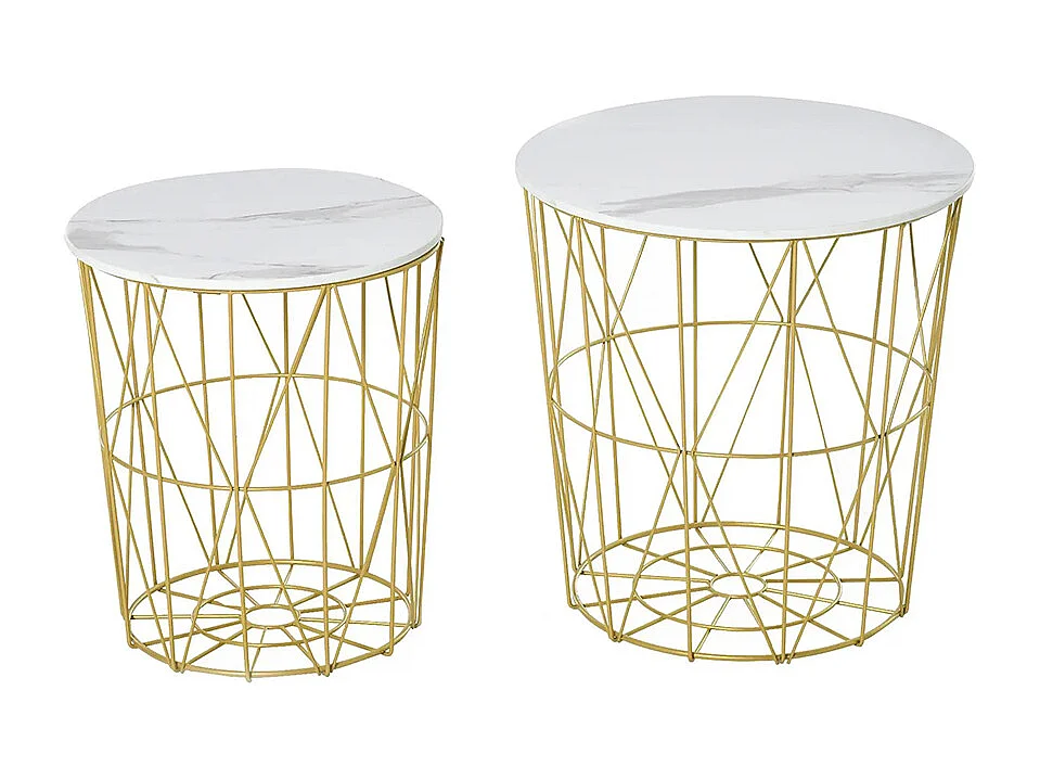 Lot de 2 Tables Basses gigognes - Tables d'appoint Rondes encastrables Style néo-rétro Bicolore Structure métal doré Plateau MDF Aspect marbre Blanc
