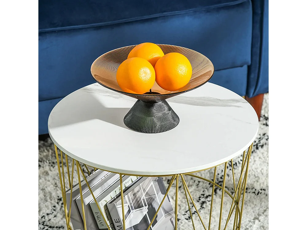 Lot de 2 Tables Basses gigognes - Tables d'appoint Rondes encastrables Style néo-rétro Bicolore Structure métal doré Plateau MDF Aspect marbre Blanc