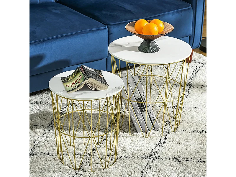 Lot de 2 Tables Basses gigognes - Tables d'appoint Rondes encastrables Style néo-rétro Bicolore Structure métal doré Plateau MDF Aspect marbre Blanc