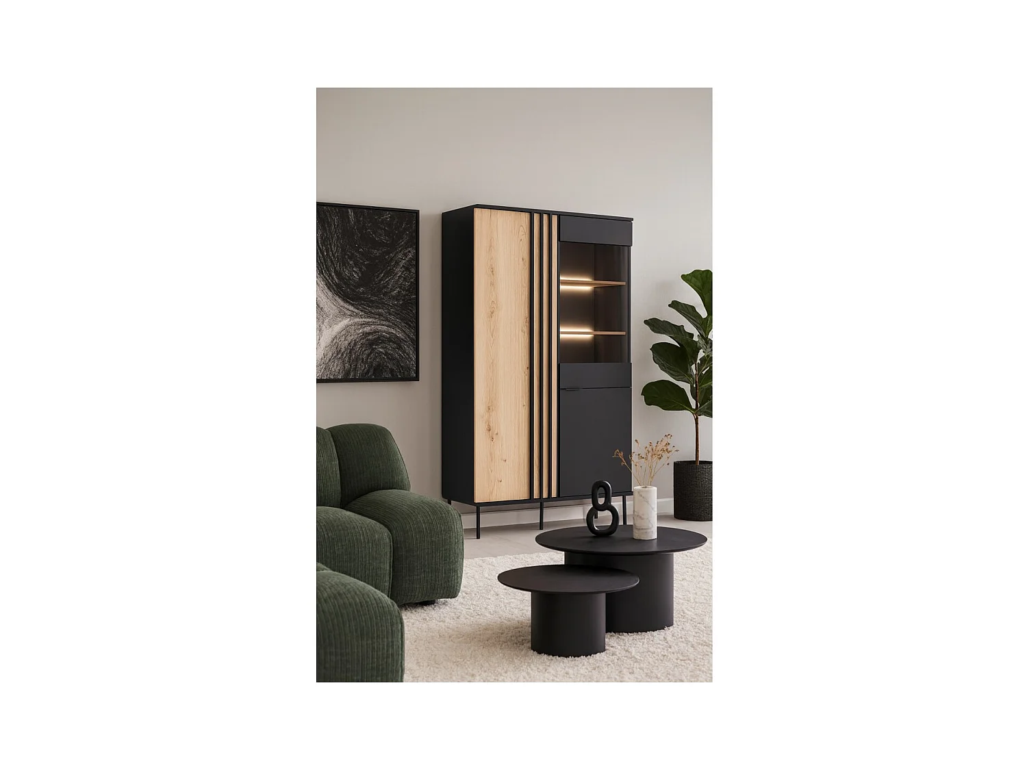 Vitrina diseño IZO – 2 puertas – Negro ónix & Roble claro – 110x195x40 cm