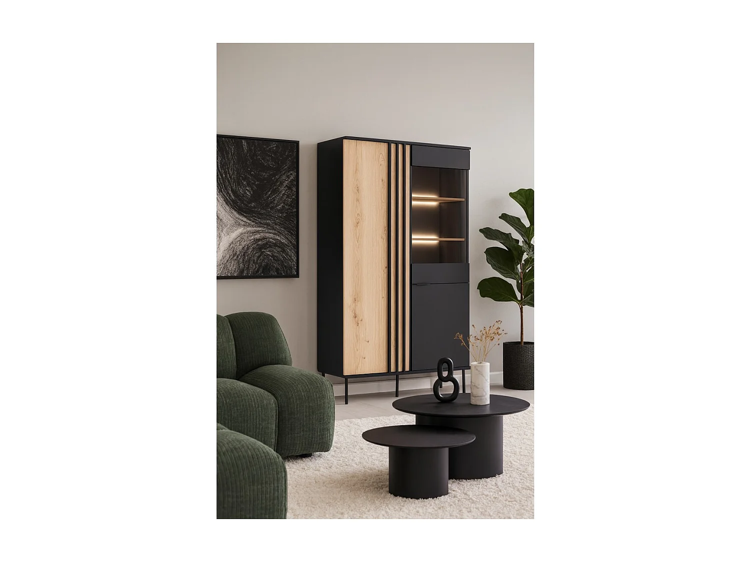 Vitrina diseño IZO – 2 puertas – Negro ónix & Roble claro – 110x195x40 cm