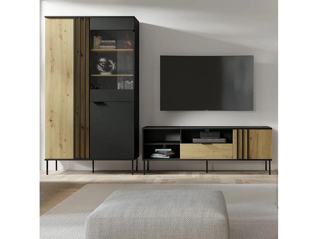 Vitrina diseño IZO – 2 puertas – Negro ónix & Roble claro – 110x195x40 cm