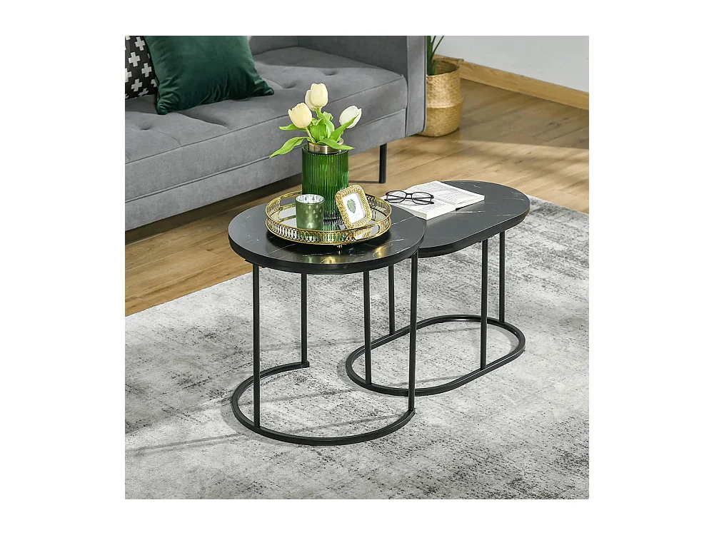 Lot de 2 tables basses tables d'appoint gigognes en acier et plateau MDF aspect marbre - table ronde et ovale - noir