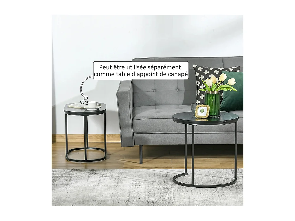 Lot de 2 tables basses tables d'appoint gigognes en acier et plateau MDF aspect marbre - table ronde et ovale - noir